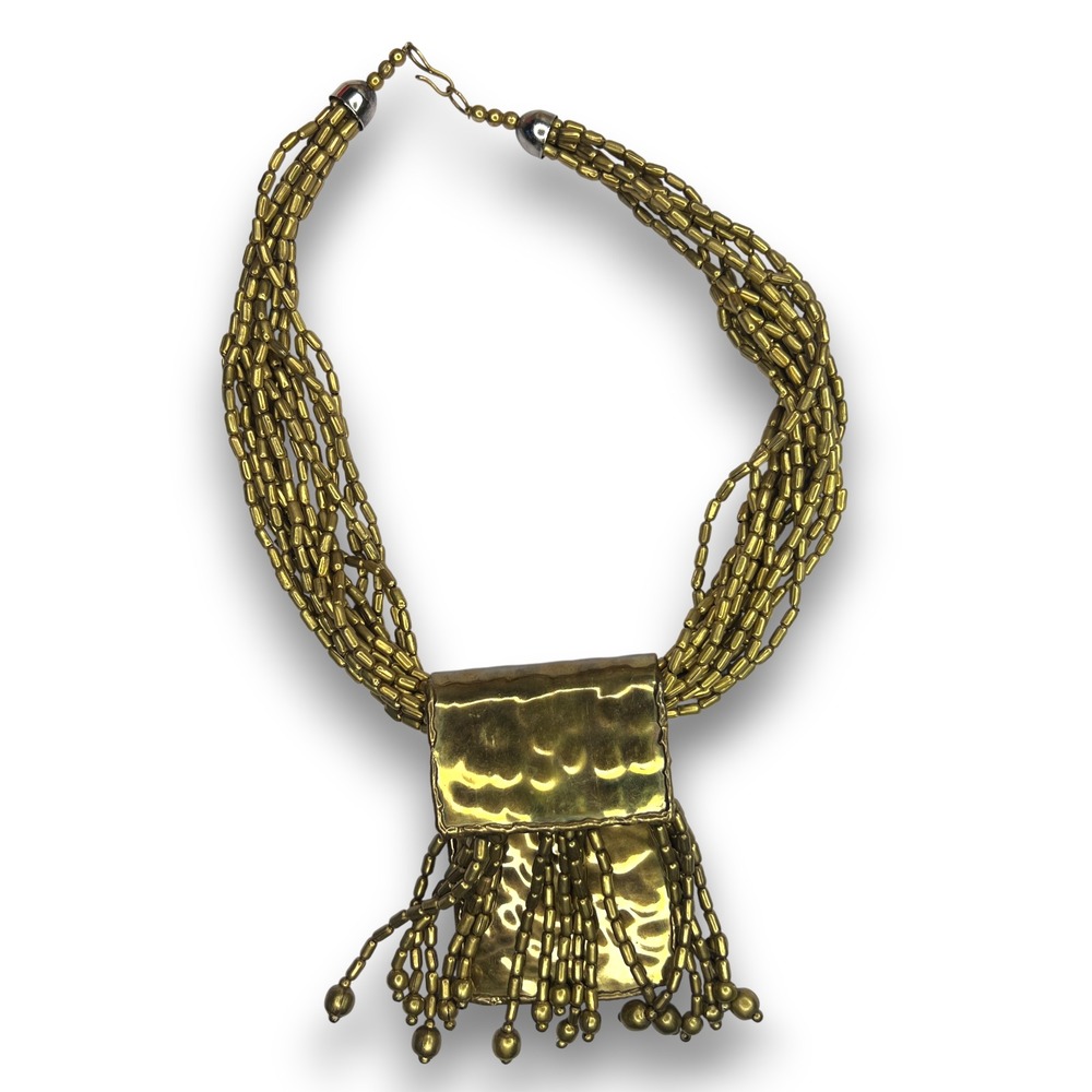 Handmade Hammered Brass Pendant Multi Strand Bead Necklace Chunky Statement Boho